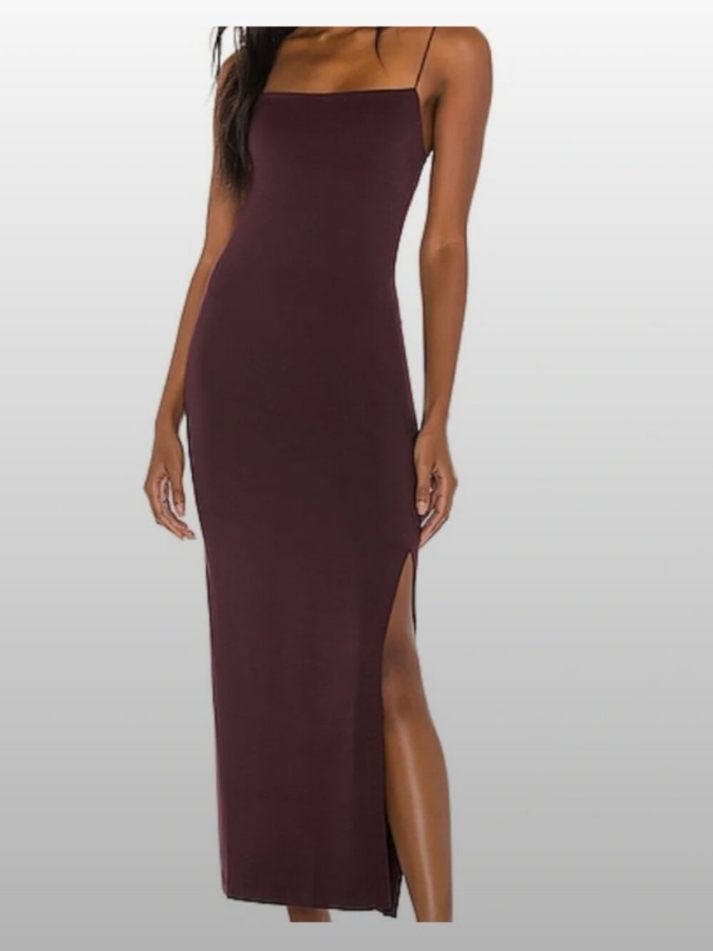Enza Costa Burgundy Maxi Dress with Leg Slit, Size XS  Bodycon Spaghetti Strap